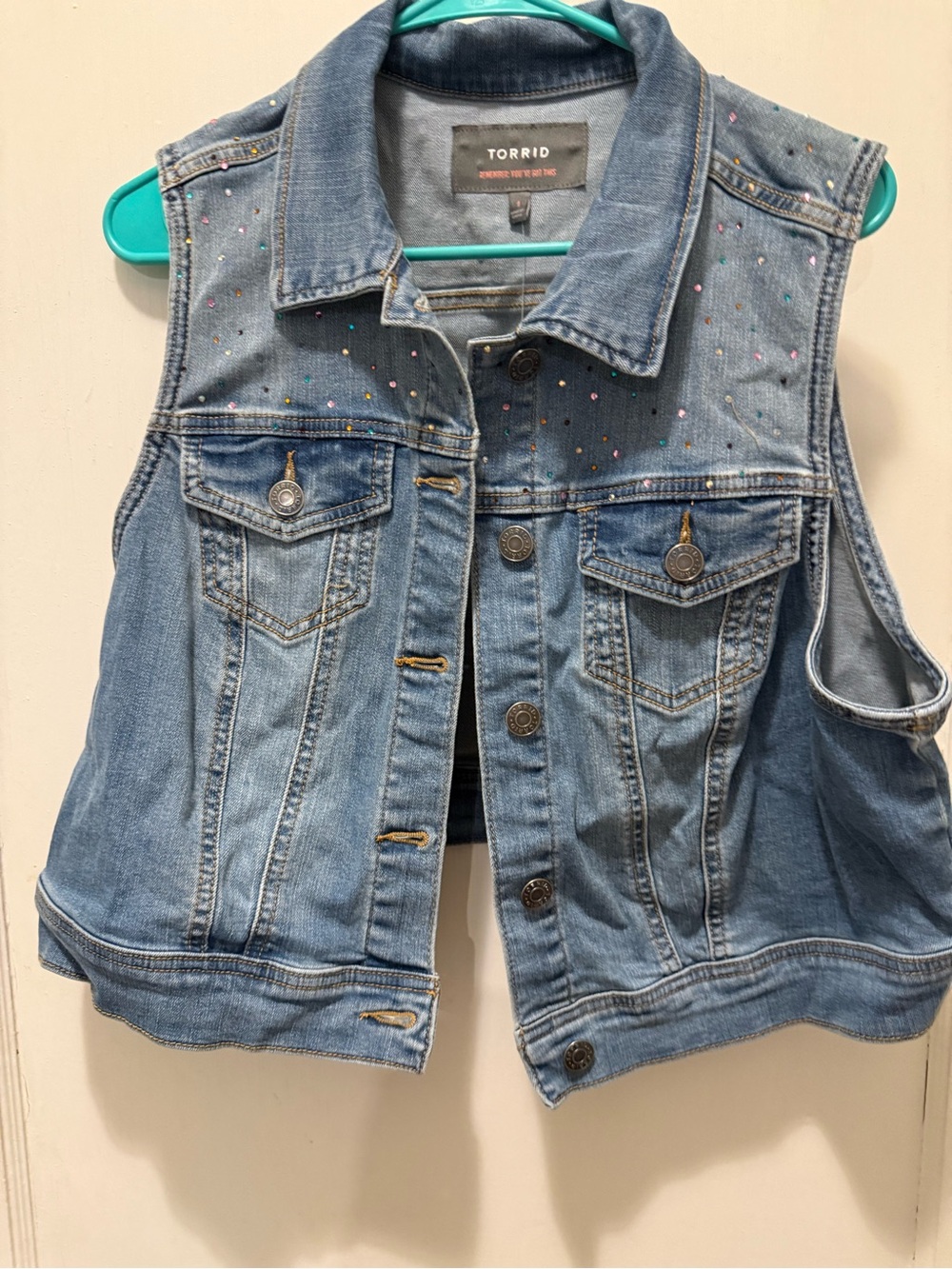 torrid Light Blue Denim Vest with Multicolor Studs